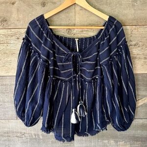 Free People Evey Stripe Keyhole Tassel Tie Balloon Sleeve Frayed Boho Top, Sz S